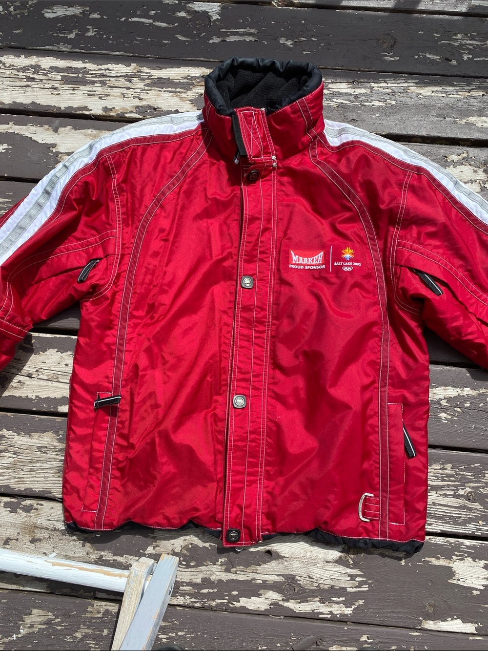 Marker Red MansPuffer Jacket with White Shoulder Stripes size L